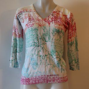 Womens Leo & Ugo White Multicolor V-Neck Print Design Sweater 2 US/M *